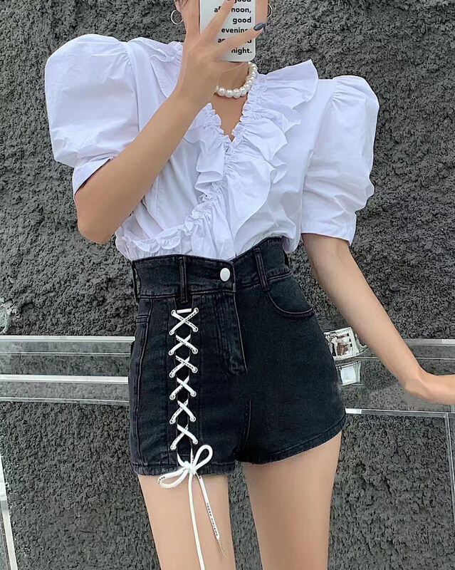 [queen] Lace Up Korean versatile denim shorts a69298# ozq