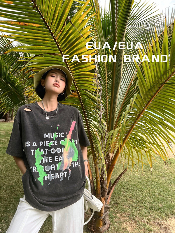 [European and American trend] letter hole comfortable short sleeve T-shirt 12235# L