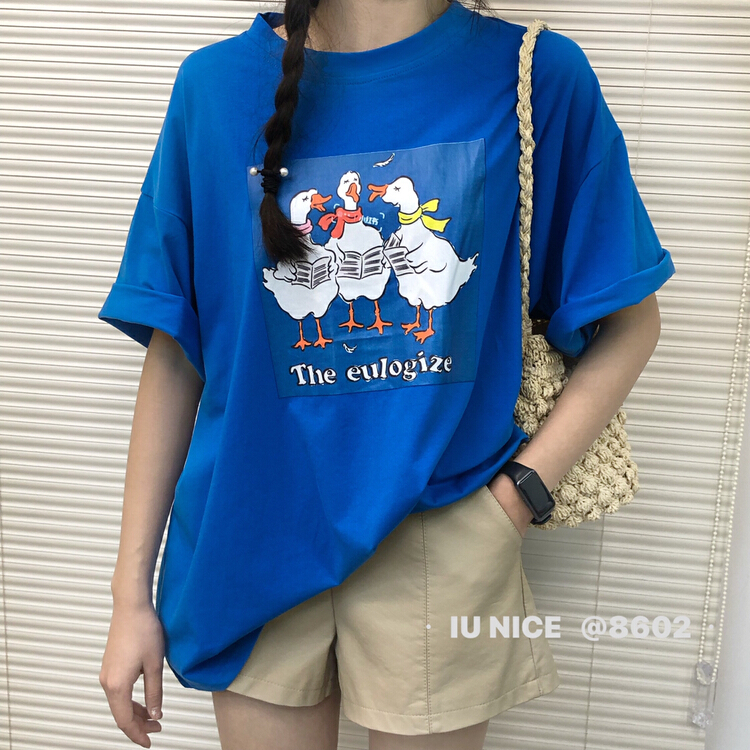 初夏上新!【IU NICE】時尚卡通印花圓領套頭短袖T恤  8602#  L