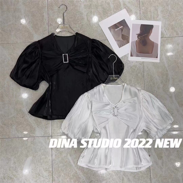 [d.ina] V-neck bow tie bubble sleeve shirt 11252\jj