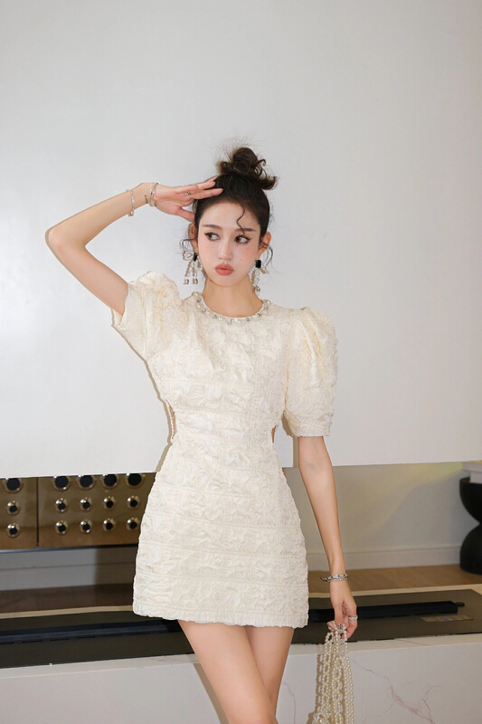 New in early summer! [ALALALA] Minor Pearl Bubble Open Waist Hollow Dress L1386# JJ