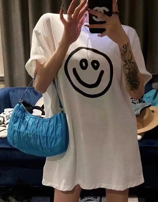 [Amy] loose shoulder pad smiling face simple short sleeve T-shirt ys1-650# WTT