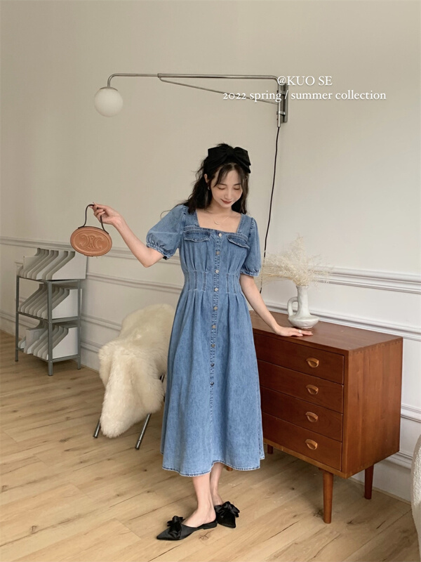 New in early summer! [kuose koser] Korean version square neck bubble sleeve double breasted dress 89828# WPL