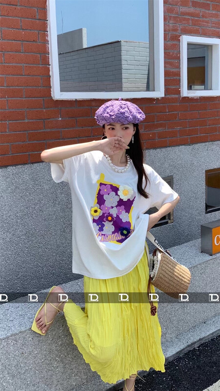 [tangdou original] three dimensional flower back lace loose short sleeve T-shirt 9611# WTT