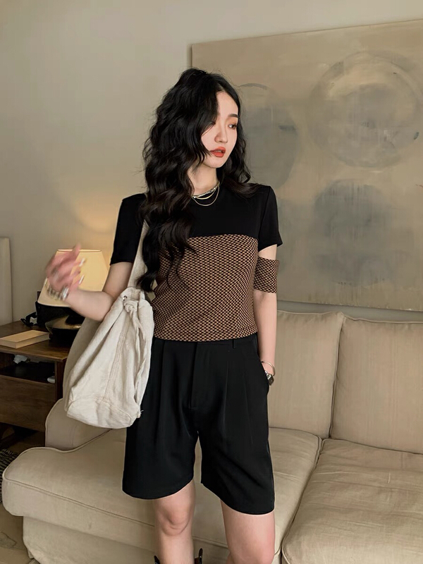 [savage] French retro versatile design sense of minority contrast color stitched short sleeve T-shirt (with detachable sleeves) e8191# WPL