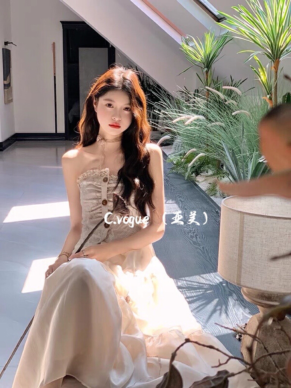 [c.vogue] French minority design splicing suspender dress (with a pair of transparent removable shoulder straps / two brooches) 3321# PCZ