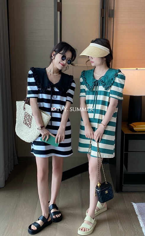 [Ivy] Korean style baby collar striped dress with fungus edge 88211# XJ