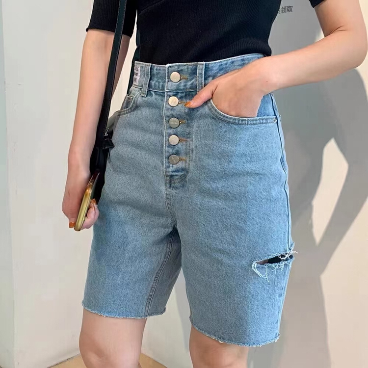 [x2 fansiyu] high waist button five point denim shorts 70050# WTT