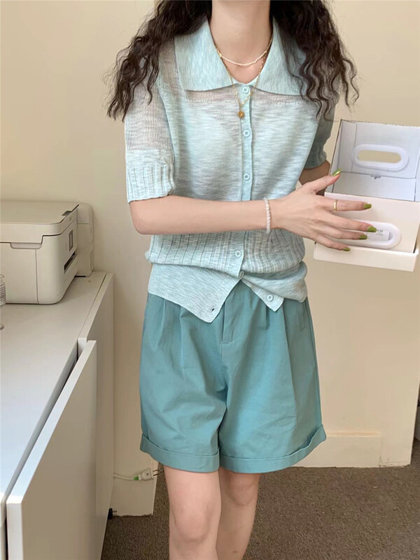 [da. C] Korean simple single breasted ice silk short sleeved sweater 9822# CSX