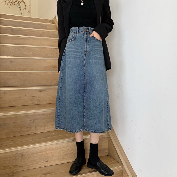 [timely rain] Han Feng ins high waist and thin cover A-shaped denim skirt yy520# YYW