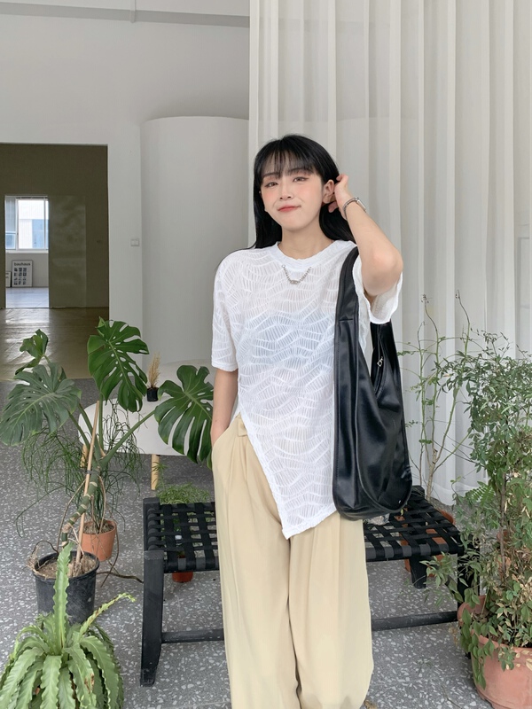 [meet + studio] round neck split sleeve T-shirt (with chain) 52312# LSL