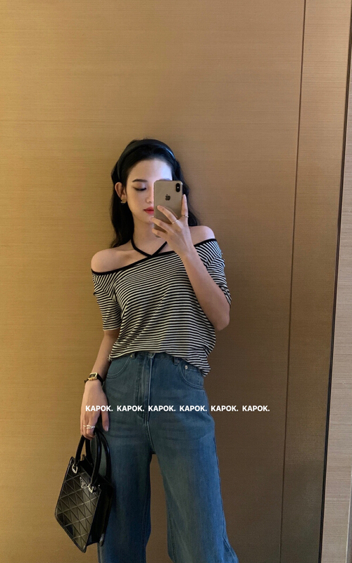 goods in stock! New in early summer! [kapok] hanging neck stripe can wear more short sleeve T-shirt 5459# zxl