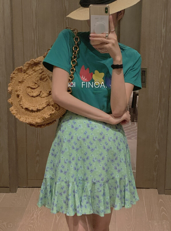 Original price 42.86! [finoa] Korean casual cartoon rose digital printed short sleeve T-shirt 10403# CLS