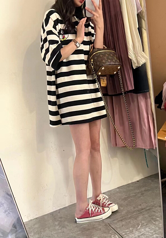 goods in stock! New in early summer! [Zoe Zoe] Polo neck stripe Mickey dress c521# L