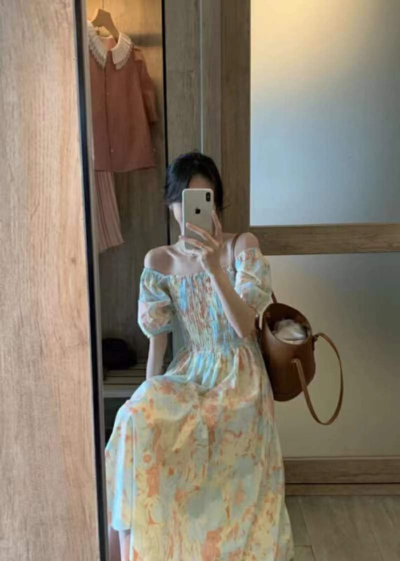New in early summer! [Zoe Zoe] square neck elastic halo dyed flower temperament dress c315# L