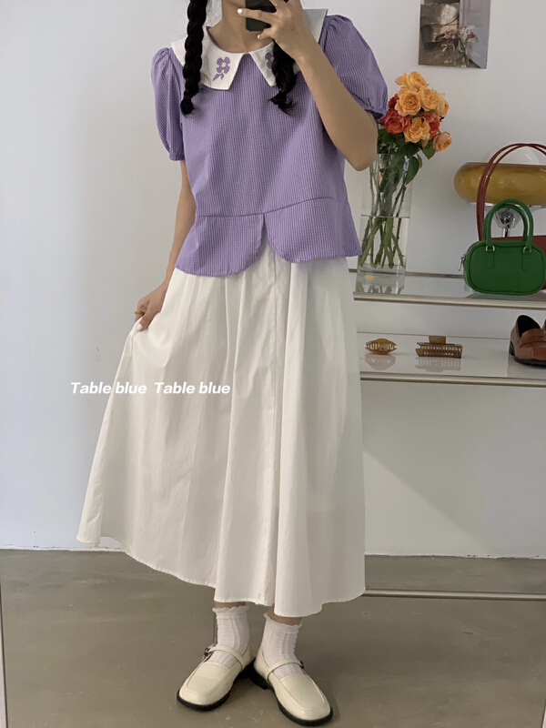 [table blue] lady doll collar Plaid bubble sleeve blouse 2137# LSW