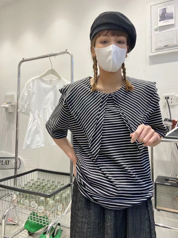[replace] double layer doll neck versatile stripe blouse 10812# XYY