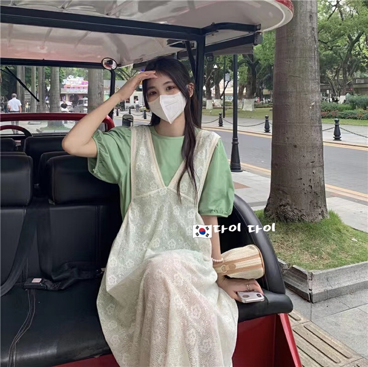 New in early summer! [Dai Dai] Han style ins simple temperament hollow out embroidery suspender skirt + net version dress set 4620# HBx
