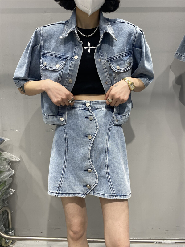 [D +] Korean cowboy short sleeved jacket + A-line skirt set d061# lwy