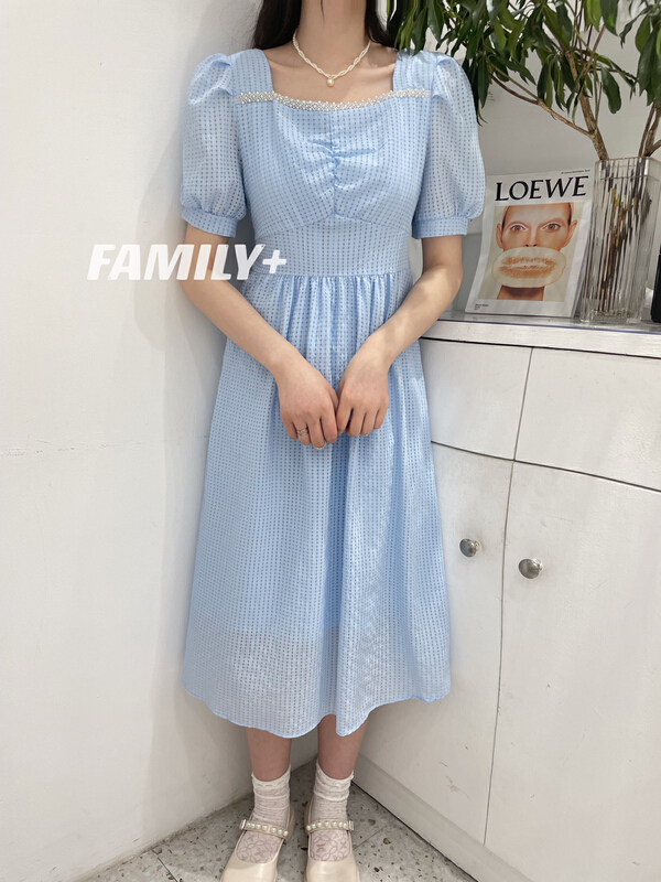 New in early summer! [family +] French elegant temperament square neck hand sewn pearl waist dress 22355# ozq