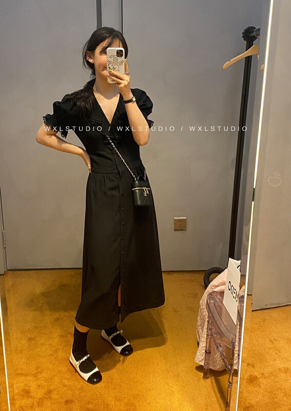 New in early summer! [wgwe] Hepburn style lotus leaf edge slim dress 1267# PCZ