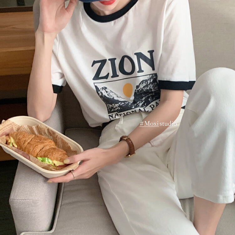 [Moxi] Korean versatile print contrast short sleeve T-shirt 1873# XJ