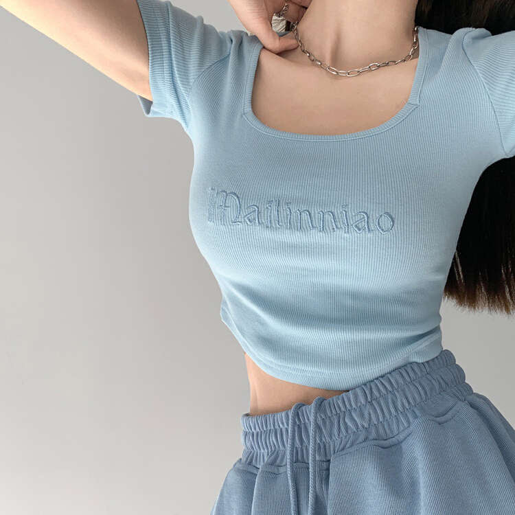 [wgwe] American Spice Girl square collar exposed collarbone high waist short tight exposed navel careful machine shirt 1659# PCZ