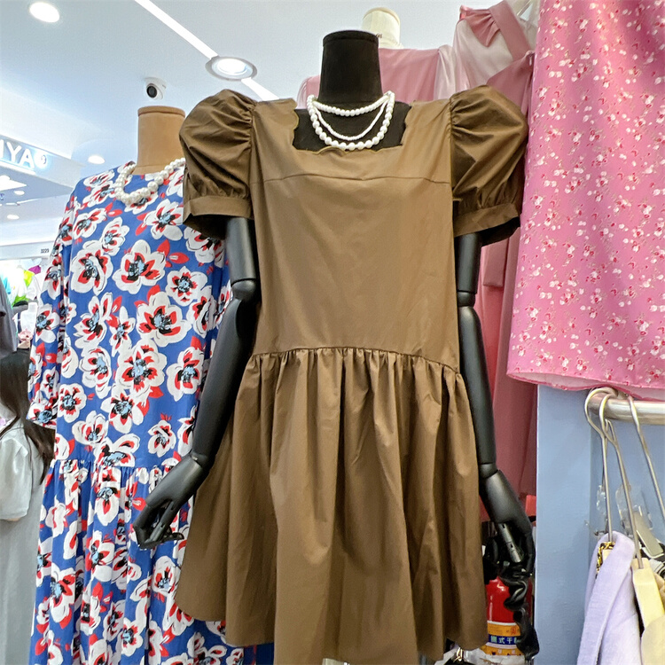 New in early summer! [miss coffee] bubble sleeve square neck casual dress 5803# XYJ