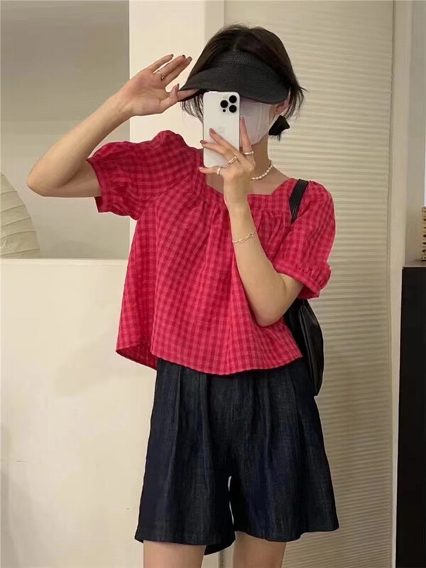 [h2-studio] square neck Plaid youth shirt a798# HBx