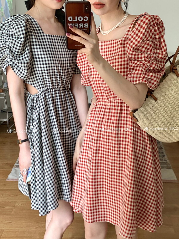 [neeko] Korean bubble sleeve square neck Plaid Dress 3565# PCZ