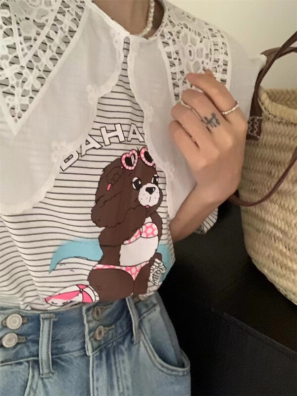 [malt] lace stripe loose short sleeve T-shirt 3112# XYJ