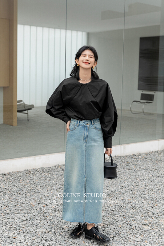 [Coline] simple irregular waist slit denim skirt c20039# hyy