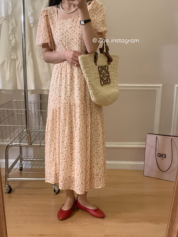 New in early summer! [Zoe Zoe] Chiffon square neck bubble sleeve floral dress c353# L