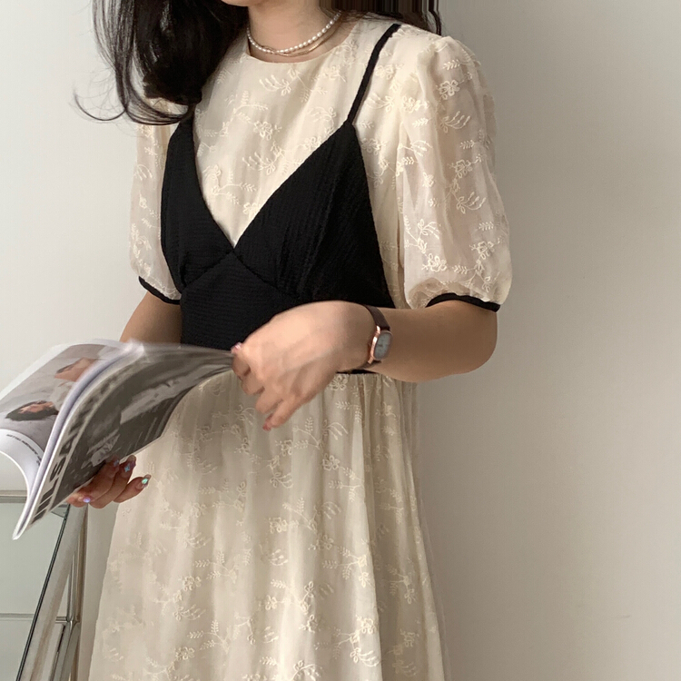 現貨!初夏上新!【19.NINETEEN】 拼接吊帶假兩件刺繡復古連衣裙  3106#  LL