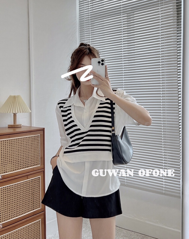 Buyer recommendation! [G.W] stitching fake two striped shirts 2224-1# zxx