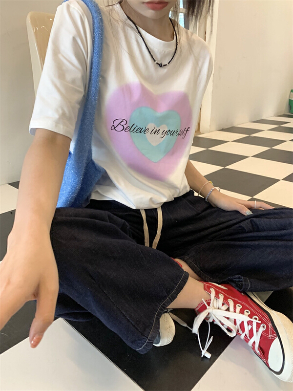 goods in stock! New in early summer! [timely rain] Han Feng ins design sense of love round neck loose and versatile contrast color short sleeve T-shirt 492# WPL
