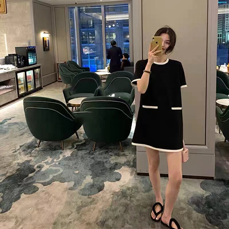 [Xiaofan family] Korean round neck color contrast dress (excluding matching) 2101# LJF