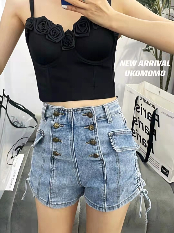 New in early summer! [x2 Fansi feather] drawstring slim elastic denim shorts 3329# WTT