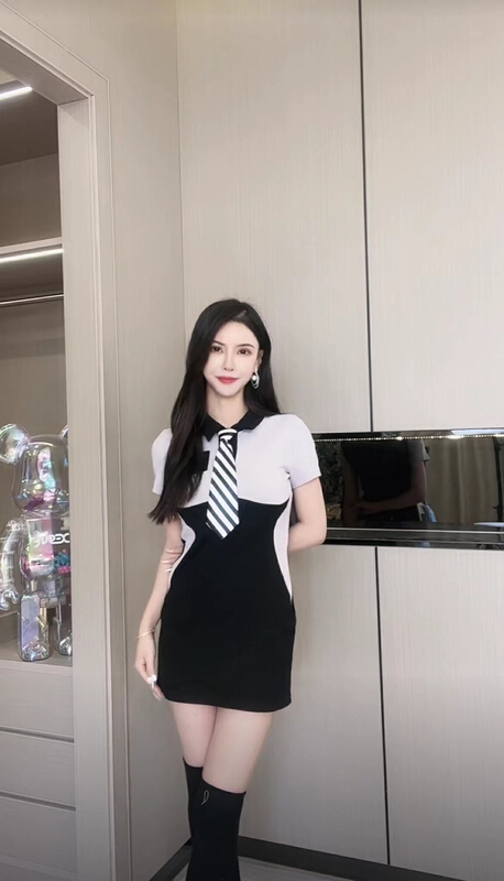 New in early summer! [fan fan] fashion Han fan'er color blocked polo collar dress (with tie) 5703# JJ