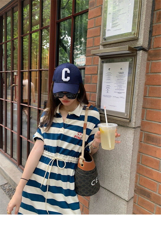 [OA] Korean Polo neck Stripe Drawstring dress 1179# XYY