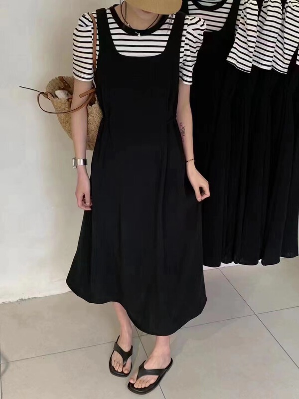 [misu +] fashion solid color medium length waist dress (excluding shirt) 80603-1# ZZL