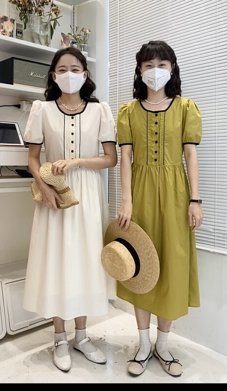 [c.hfeiyang] round neck contrast bubble sleeve dress 6798# HBx