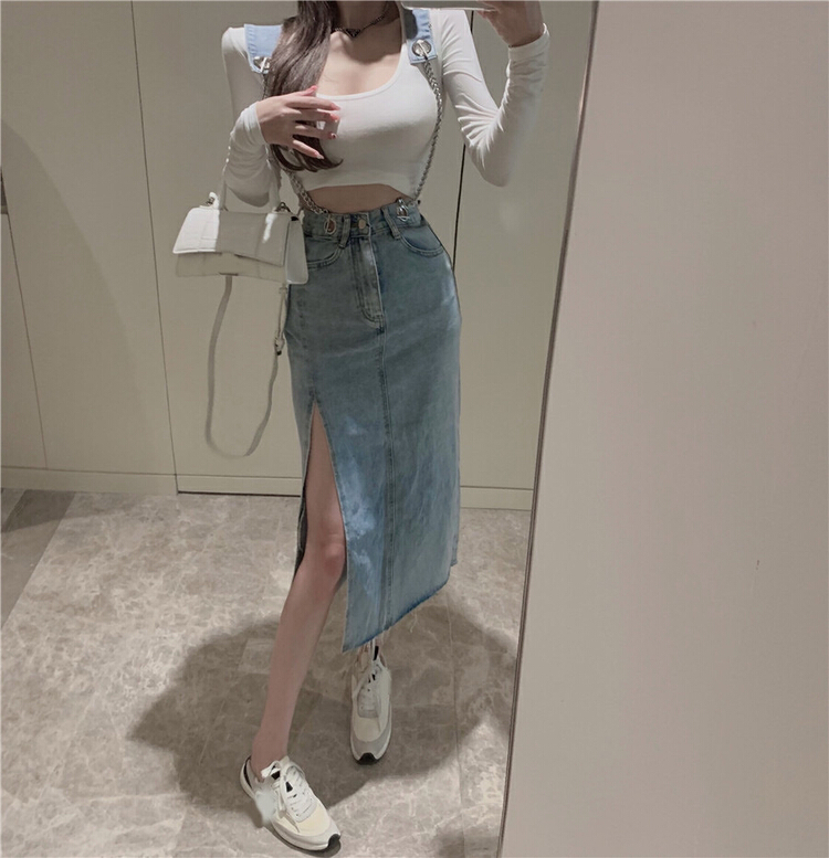 [jun.t] chain strap high waist A-shaped half body wrap hip strap skirt (with chain) 5978# PCZ