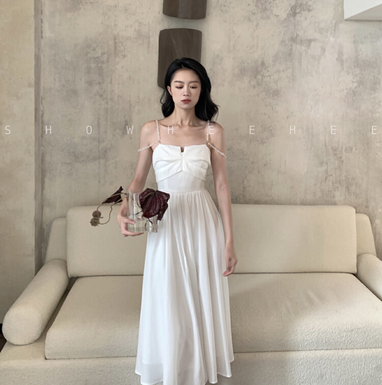 [xiuxixi] French Advanced pleated pearl suspender dress (with detachable pearl chain) 8107# zxx