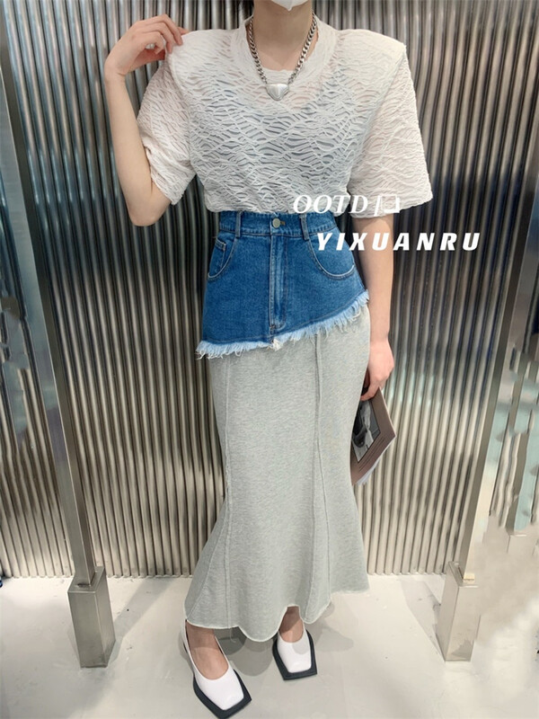 [yixuanru] denim stitched skirt 9283# ozq