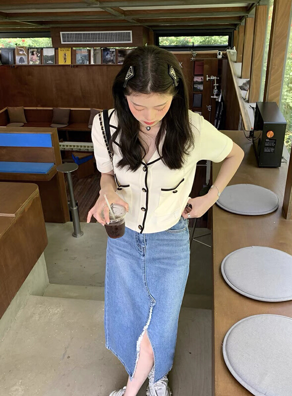 [f · P] small fragrance color contrast short sleeved knitted cardigan a567# HBx