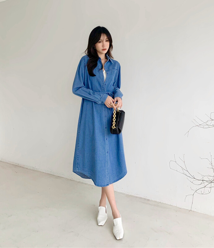 New year in early spring! [Hanna including Na] Korean long single breasted shirt denim skirt m5211# XJ