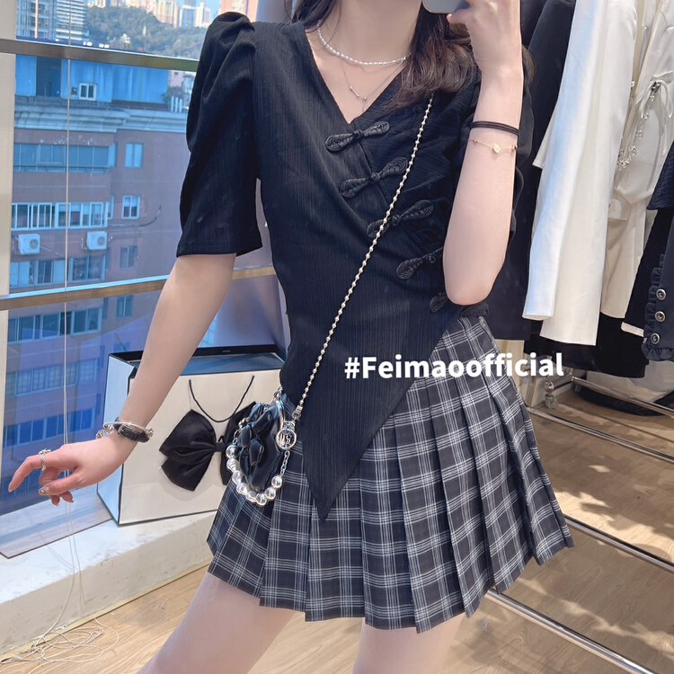 goods in stock! [Feimao Philippine cat] Vintage dish button bubble sleeve short shirt ym-7000# LSL