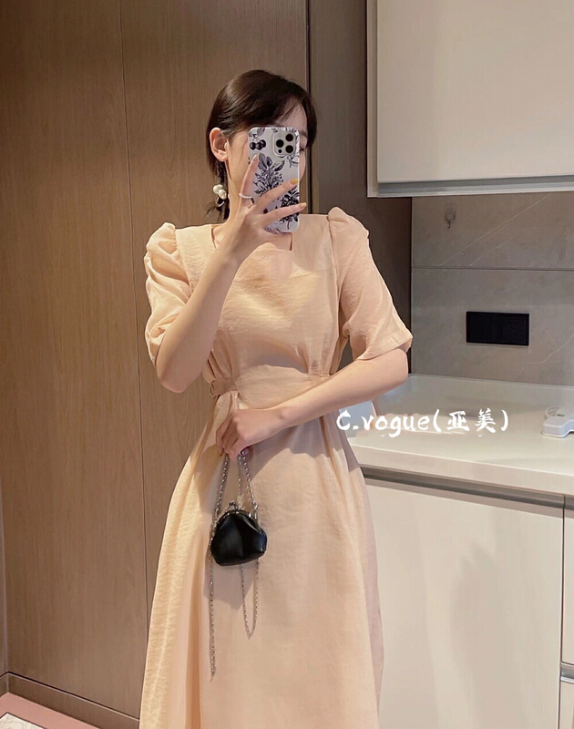 [c.vogue] French gentle square neck waist closing temperament dress 8897# PCZ