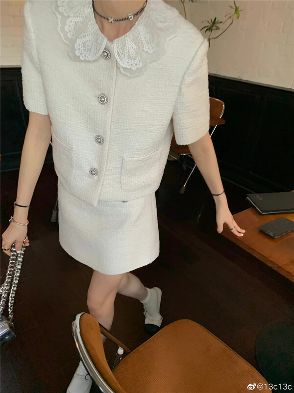[retain] xiaoxiangfeng lace short sleeve jacket + A-line Hip Wrap Skirt Suit 226126# lwy